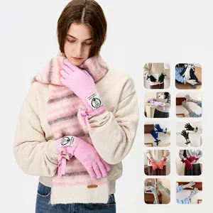 Damen Herren Winter Warme Gestrickte Wollmischung Handschuhe Koreanischer Stil Schleife Band Touchscreen Fingerhandschuhe