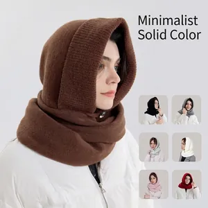 Solid Color Knitted Balaclava Hooded Scarf With Button For Men Women Autumn Winter Warm Windproof Neck Warmer Headwear
