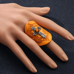 Vintage Punk Wide Leather Alloy Cross Ring For Men Women Gothic Ethnic Rhinestone Turquoise Style Inlaid Finger Ring Jewelry