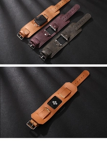 Detail view of vintage wide leather straps in brown, purple, and grey for Apple Watch