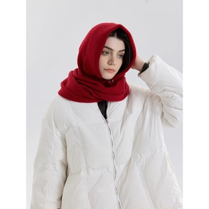 Red knit button balaclava hood scarf paired with a white puffer coat for winter warmth