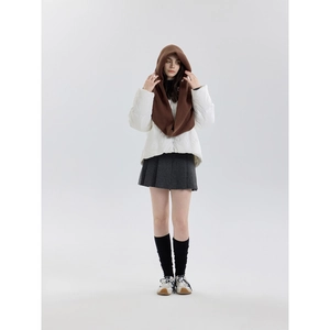 Brown knitted Balaclava hood scarf for men and women worn with a white winter coat