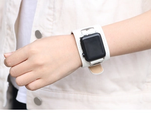 Close-up of a white wide leather watch strap with contrast stitching for smartwatches