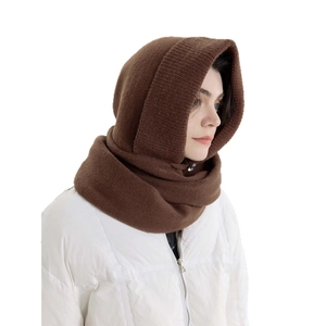 Deep brown knitted balaclava with decorative button and warm neck warmer for winter