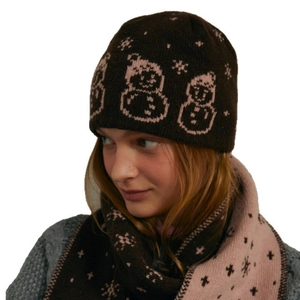 Winter coffee brown knit hat and scarf set featuring pink snowman jacquard patterns