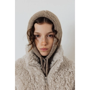 Knitted khaki balaclava hooded scarf with a cream faux fur vest and silver front zipper