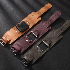 Premium wide leather cuff watch bands in brown and grey for Apple Watch compatibility