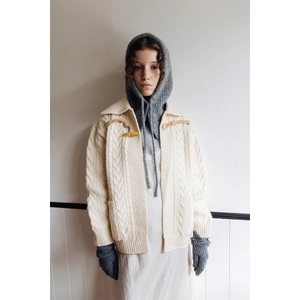 Women's warm knitted Balaclava hood with cable knit cardigan and matching winter gloves