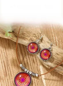 Parure de bijoux mandala bohème avec collier pendentif verre et boucles d'oreilles