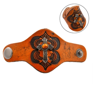 Retro brown leather cross bracelet with tiger eye stone and silver metal cross charm