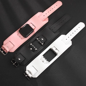 Wide leather cuff band for Apple Watch in pink, black, and white stylish colors