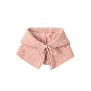 Pink knitted balaclava hood with drawstring and ribbed texture for winter warmth