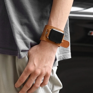 Brown vintage leather cuff strap for iWatch with decorative metal buckle and stitching