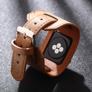 Retro brown wide leather watch band with silver buckle for smartwatches on black background