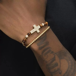 Conjunto de Pulsera de Cruz Incrustada de Circonia de Cobre para Hombre Piedra Ojo de Tigre Pulsera Elástica Joyería Hip Hop
