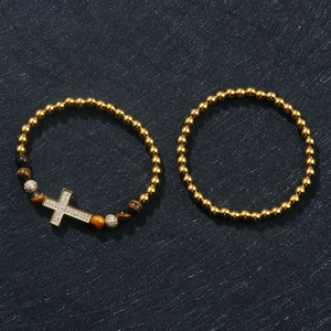 Set de pulseras para hombre con cruz dorada, cuentas ojo de tigre y circonitas pavé