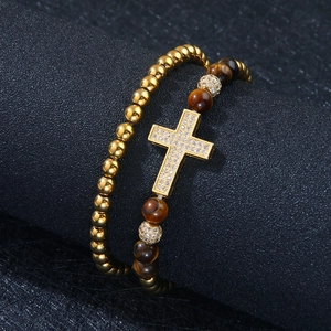 Conjunto de pulsera para hombre de ojo de tigre con colgante cruz de oro y circón