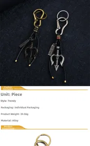 Macro detail of Trident keychain with woven rope and antique gold alloy texture
