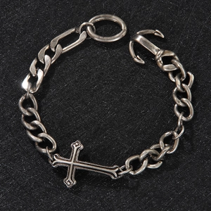 Vintage silver Cuban link bracelet with cross charm and anchor clasp for men