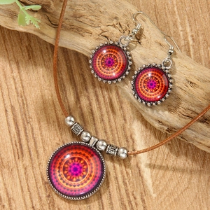 Parure de Bijoux Mandala Bohème Collier Géométrique en Alliage de Verre Boucles d'Oreilles Vintage Ethnique Femme Accessoire Décoratif Cadeau