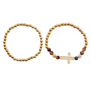 Set de dos pulseras para hombre con piedras ojo de tigre y colgante de cruz circón