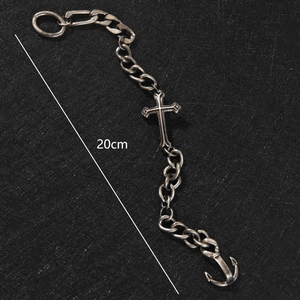 Retro silver hip hop Cuban chain bracelet with cross pendant and anchor clasp, 20cm length