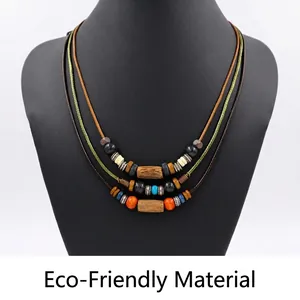 Vintage Bohemian Multi Layer Beaded Necklace For Women Tribal Ethnic Style Wood Beads Wax Cord Long Pendant Necklace Jewelry