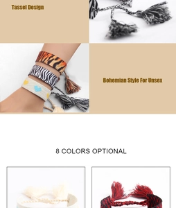 Détails de bracelets bohèmes tissés à la main avec divers motifs ethniques et glands colorés