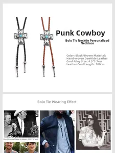 Détail du Bolo Tie de 100cm en cuir avec pendentif croix turquoise et dimensions