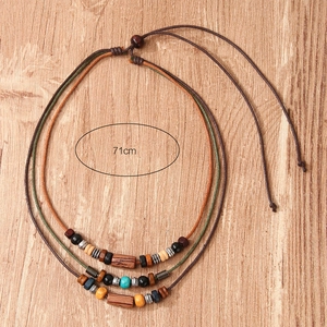 Handmade 71cm long bohemian multilayer beaded necklace with ethnic wood beads and charms
