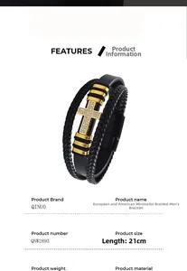 Detailed close-up of a multi-layer black leather bracelet featuring a gold zircon cross