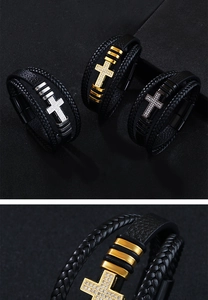 Macro shot of multi-layer leather braided bracelet with cross zircon inlay in three colors