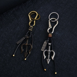 Retro Trident Pendant Keychain For Men Antique Metal Braided Rope Keyring Poseidon Fork Industrial Style Bag Hanging Jewelry
