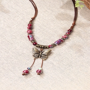 Vintage Ethnic Style Butterfly Ceramic Pendant Necklace For Women Bronze Alloy Hollow Butterfly Necklace Ethnic Jewelry