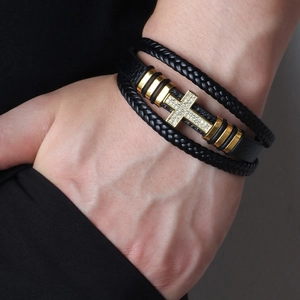 Fashion Unisex Multilayer Braided Artificial Leather Bracelet Alloy Zirconia Cross Pendant Punk Style Adjustable Jewelry Gift