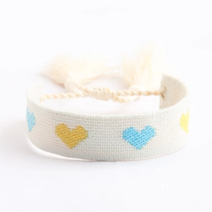 Bohemian hand-woven embroidered bracelet with blue and yellow heart patterns and tassels