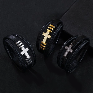 Mens multilayer braided PU leather bracelet set with zircon inlaid cross in silver and gold