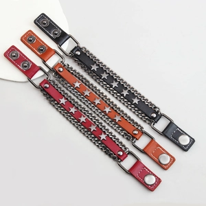 Punk leather bracelets with silver star rivets and double chains in black, orange and red