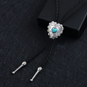 Vintage Heart Artificial Turquoise Bolo Tie Zinc Alloy Western Cowboy Braided Leather Rope Necktie Pendant Necklace For Unisex