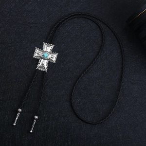 Cravate Bolo western avec pendentif croix, pierre turquoise et cordon tressé noir