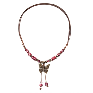 Retro butterfly pendant necklace with red ceramic beads and bronze metal accents