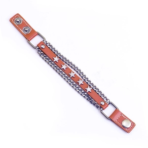 Punk multi-layer brown leather bracelet featuring silver star studs and metal chains