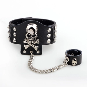 Punk black leather skull bracelet with chain ring featuring silver metallic studs