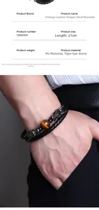 Detail view of double-layer braided leather dragon bracelet with a tiger eye stone bead