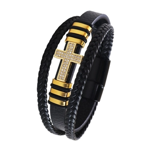 Men's multilayer black braided leather bracelet with gold zircon cross and magnetic clasp