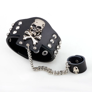 Punk leather skull wristband with silver crossbones and matching chain finger ring