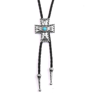 Cravate bolo cowboy punk avec pendentif croix turquoise et corde tressée noire