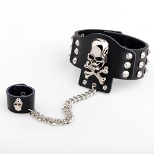 Punk black leather bracelet with silver skull charm and metal chain ring set