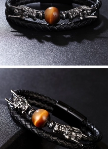Macro detail of braided leather dragon bracelet with tiger eye stone and magnetic clasp