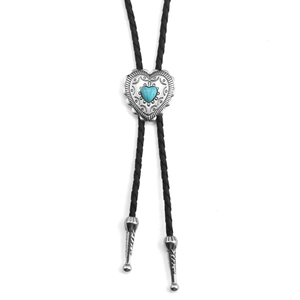 Punk denim bolo tie with a heart-shaped turquoise stone and vintage engraved metal pendant
